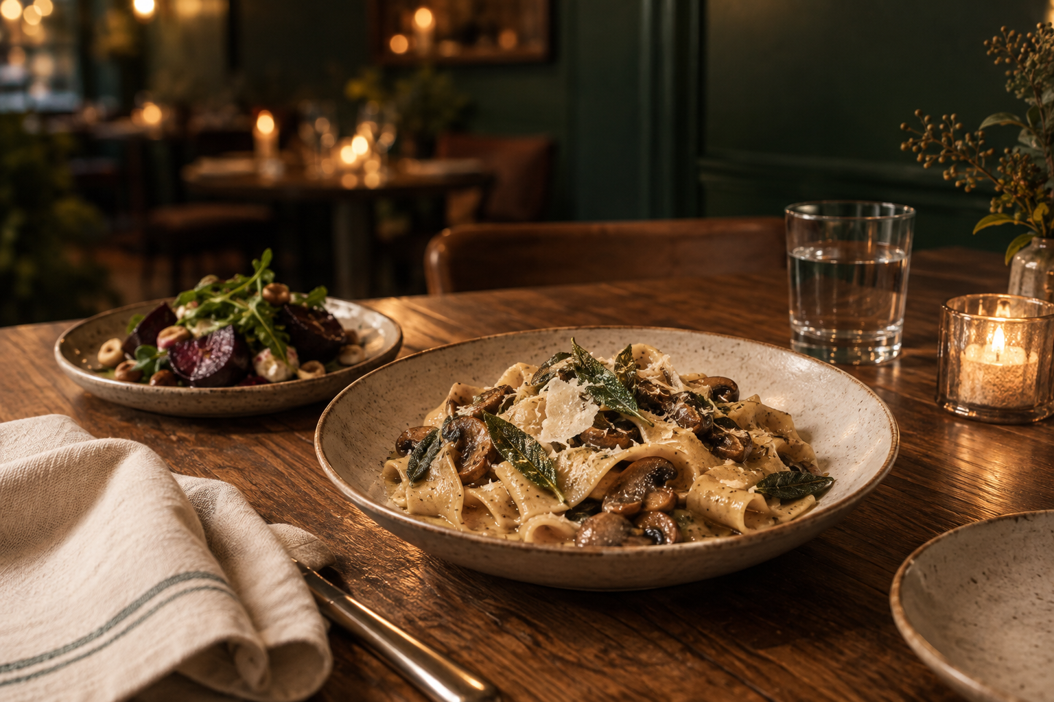 An imagined candlelit restaurant table set with seasonal dishes, linen, and ceramic plates