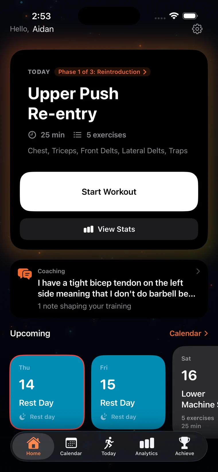 AdaptaFit, our iOS app: a personalized training plan on an iPhone.