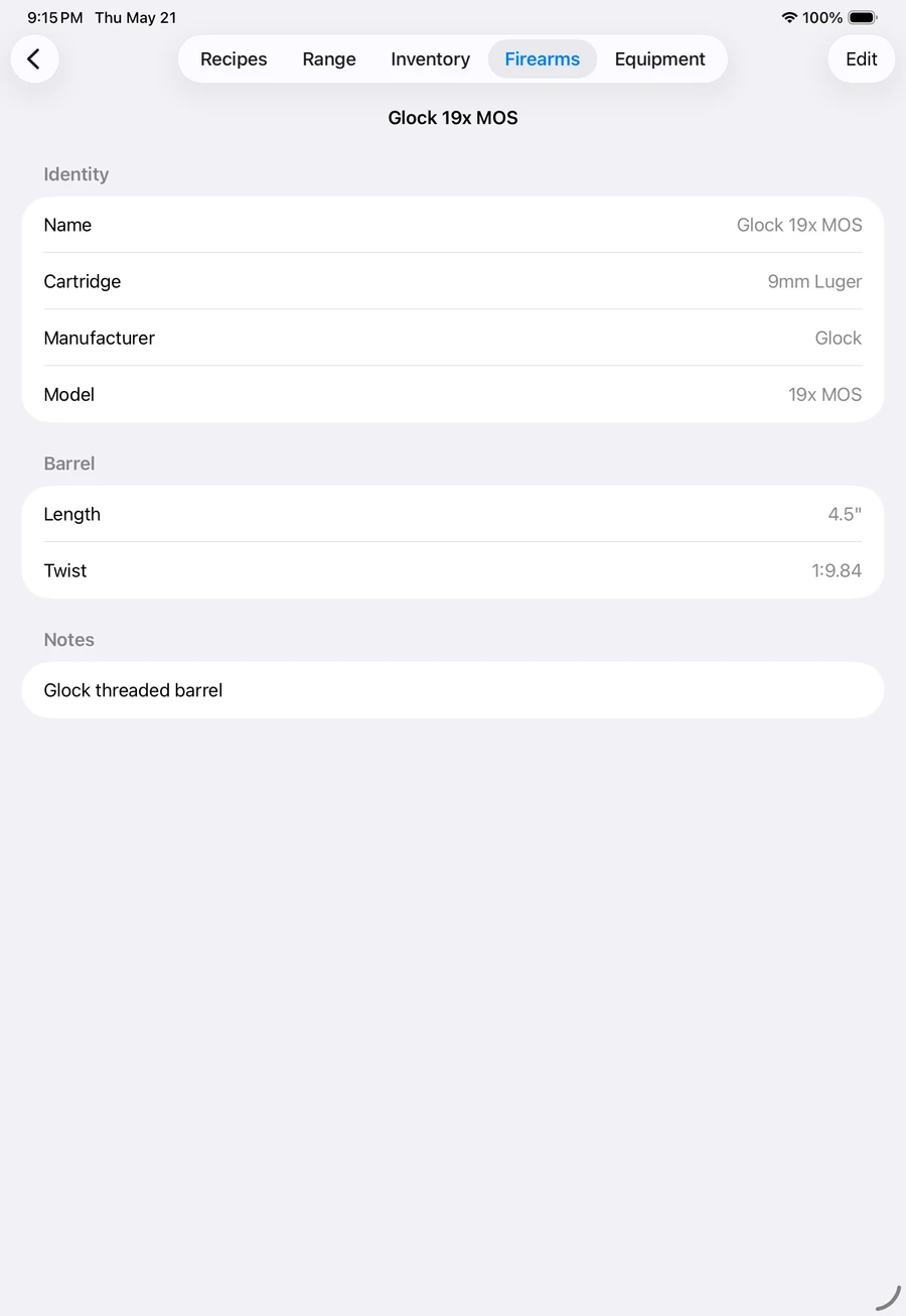 Hand Load on iPad: a firearm record with its identity, barrel and notes.