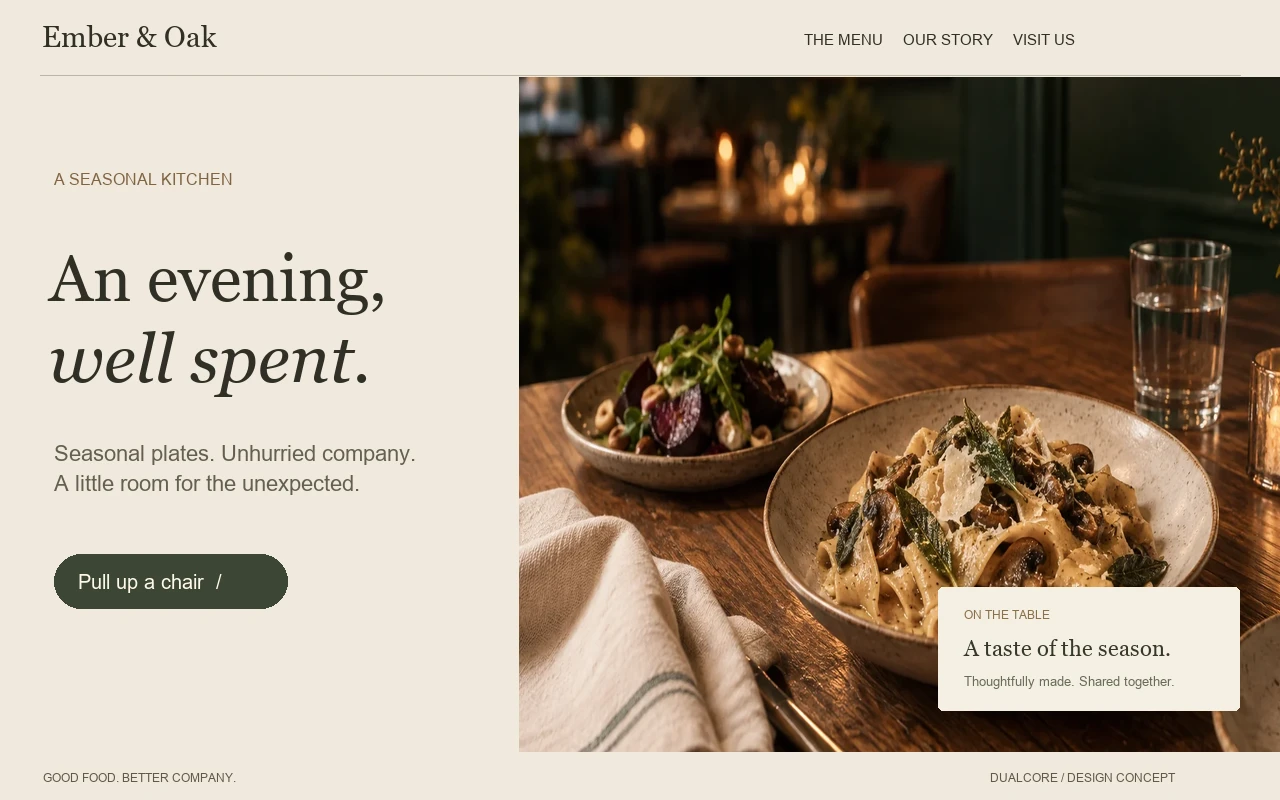 Ember & Oak concept site: a warm dining room and the line An evening, well spent.